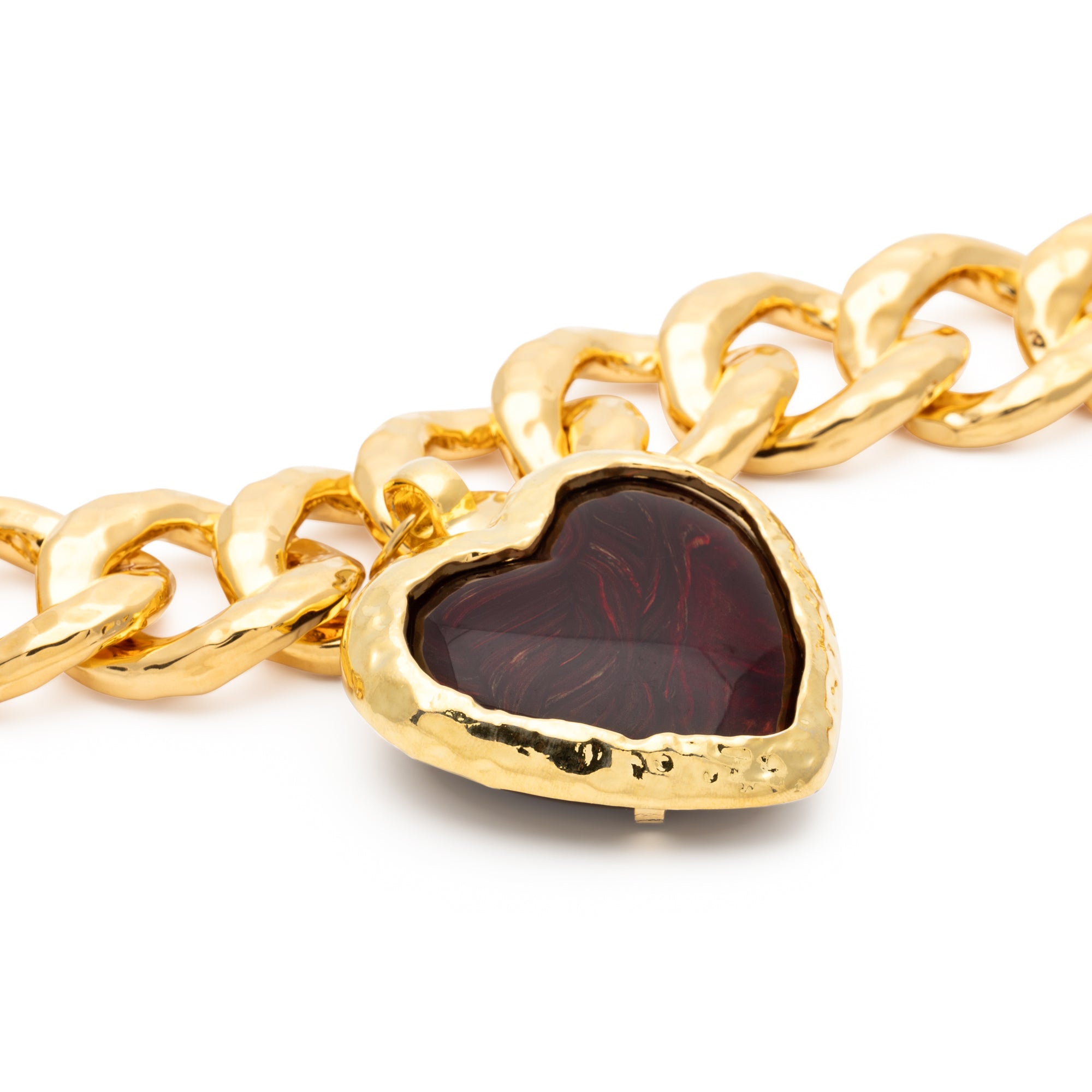 Big Hammered Necklace with Heart gold bordeaux marble
