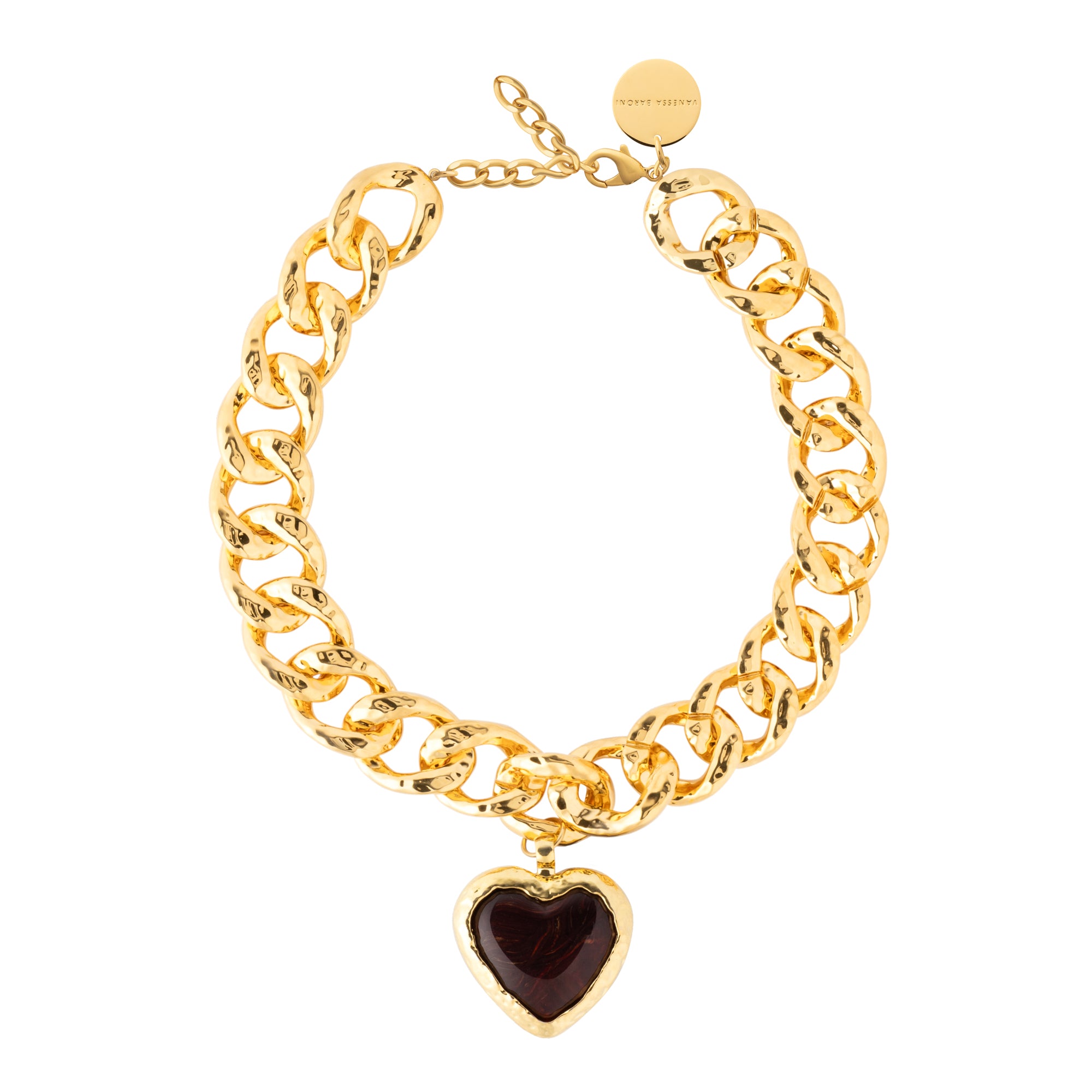 Big Hammered Necklace with Heart gold bordeaux marble
