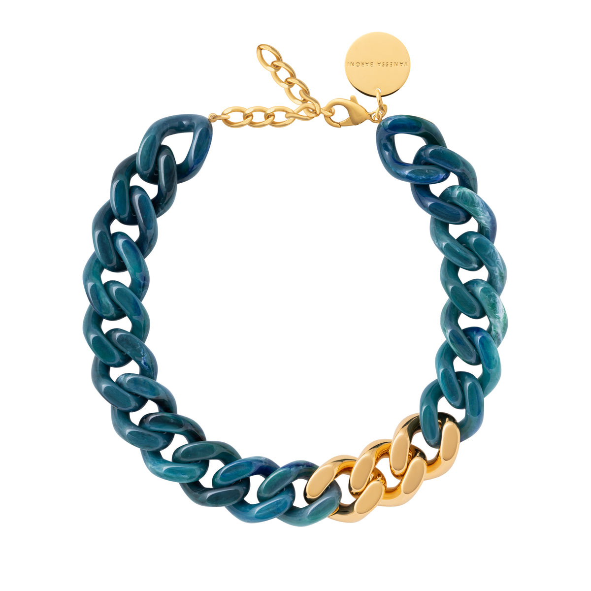 Flat Chain Necklace with gold teal marble