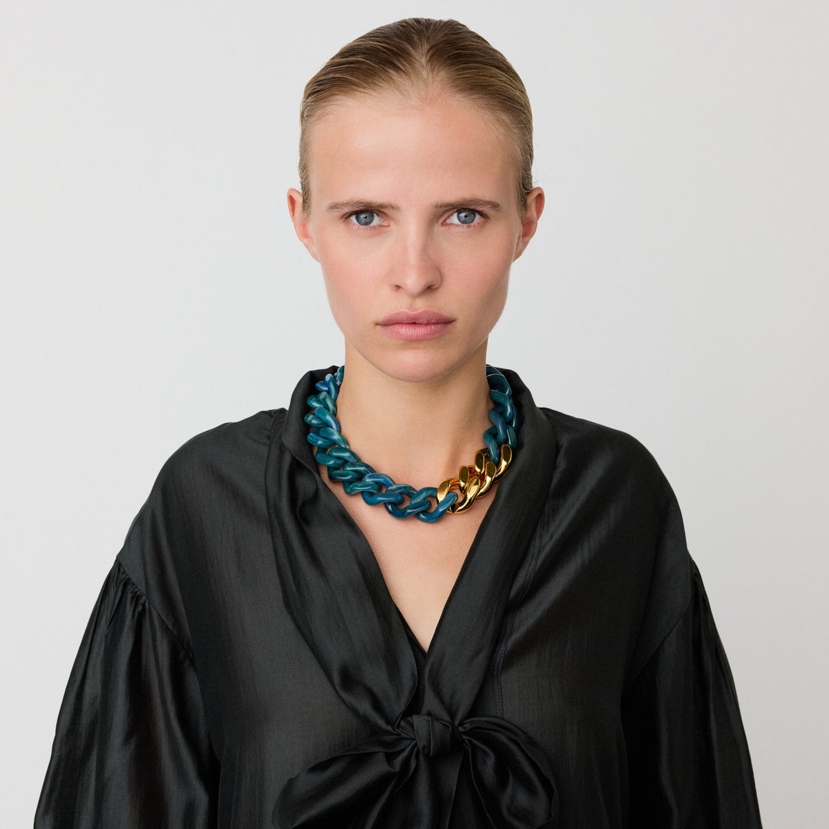 Flat Chain Necklace with gold teal marble