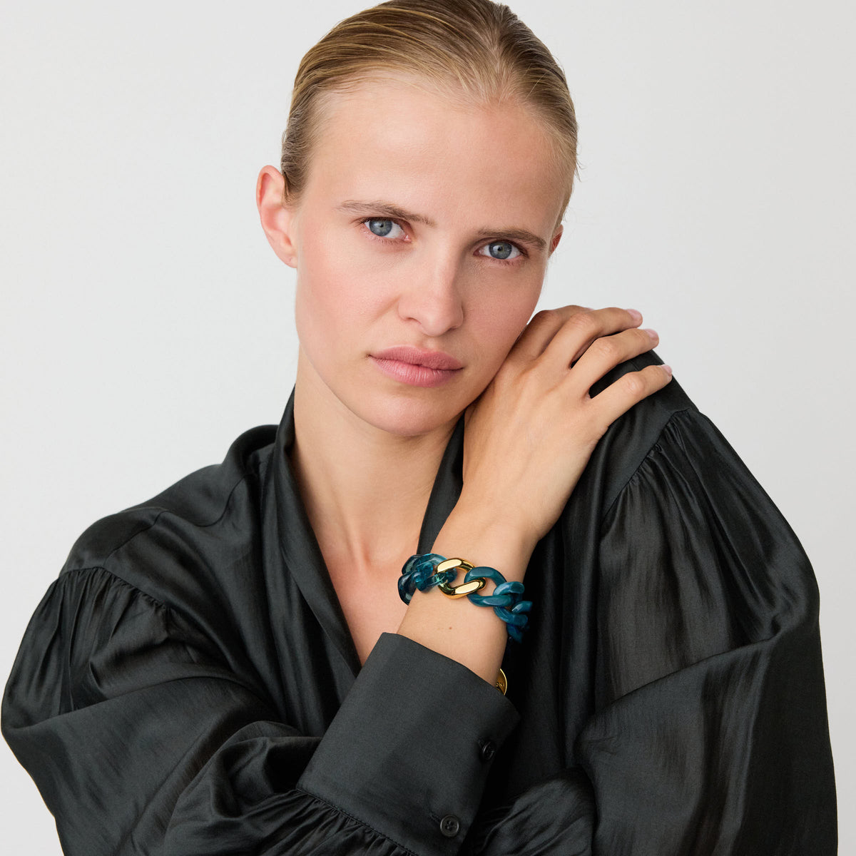 Flat Chain Bracelet 2 color w gold teal marble - clear teal