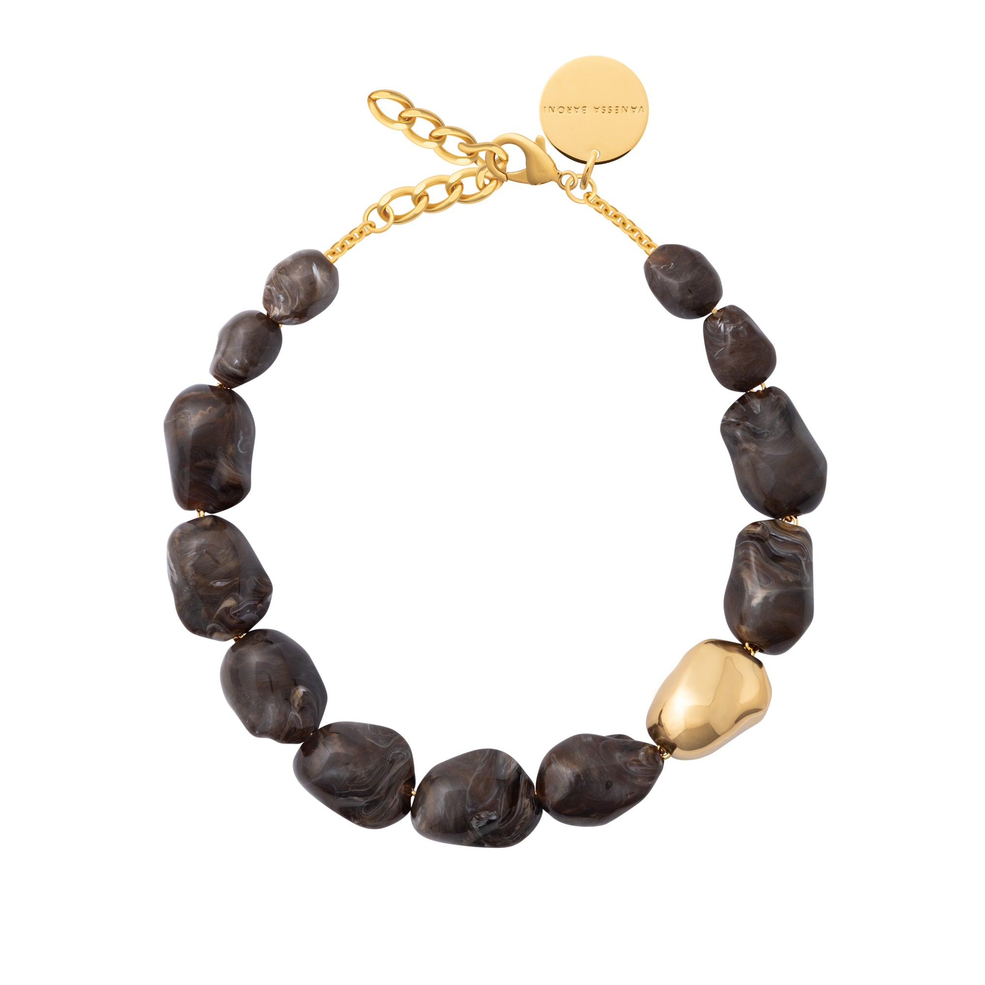 Big Organic Pearl Necklace with gold dark brown marble
