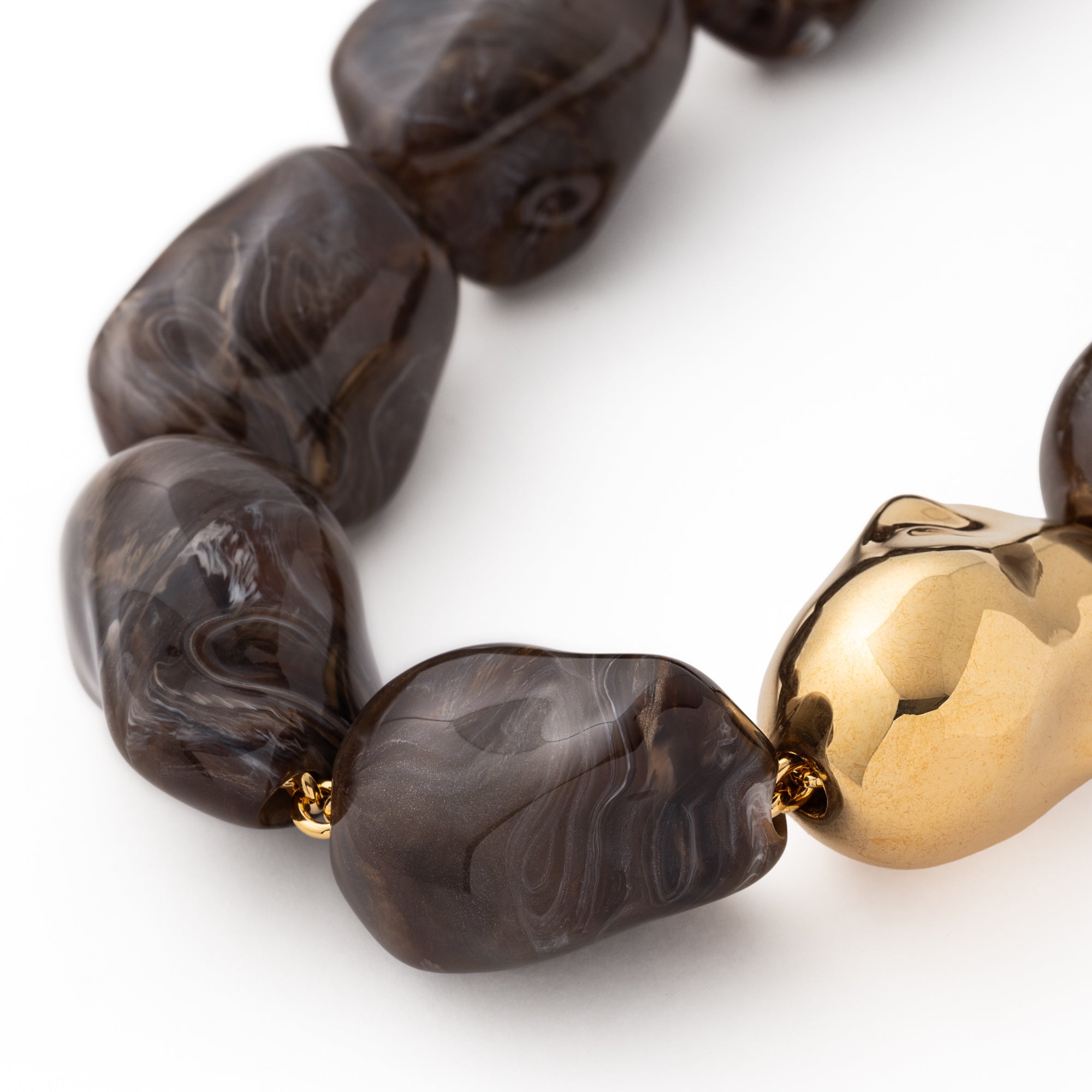 Big Organic Pearl Necklace with gold dark brown marble