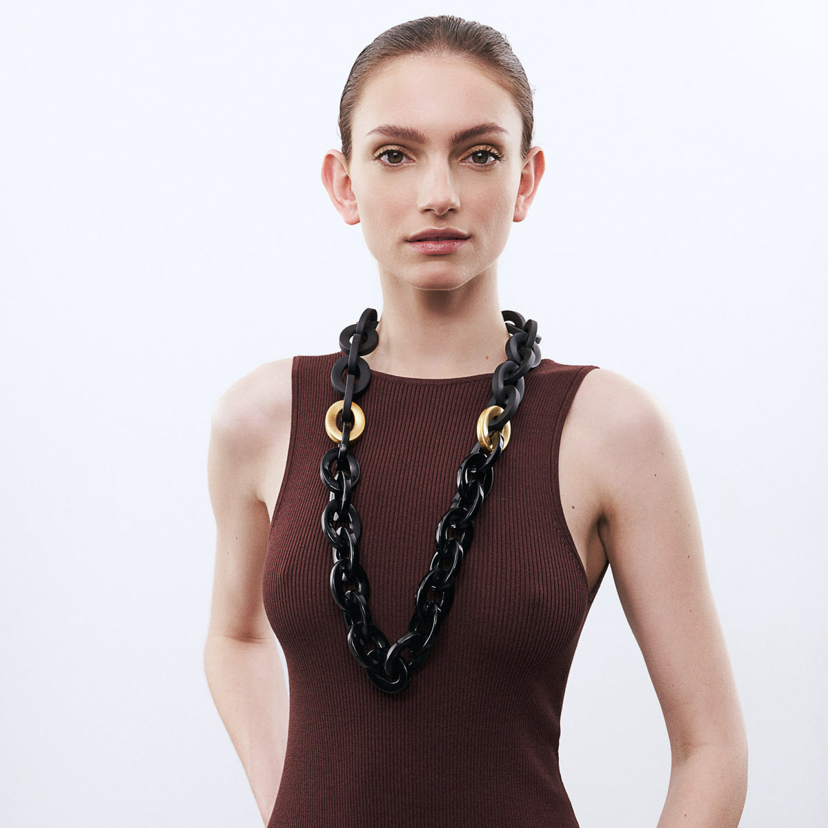 Oval Necklace Long with Gold - Black - Matt Black