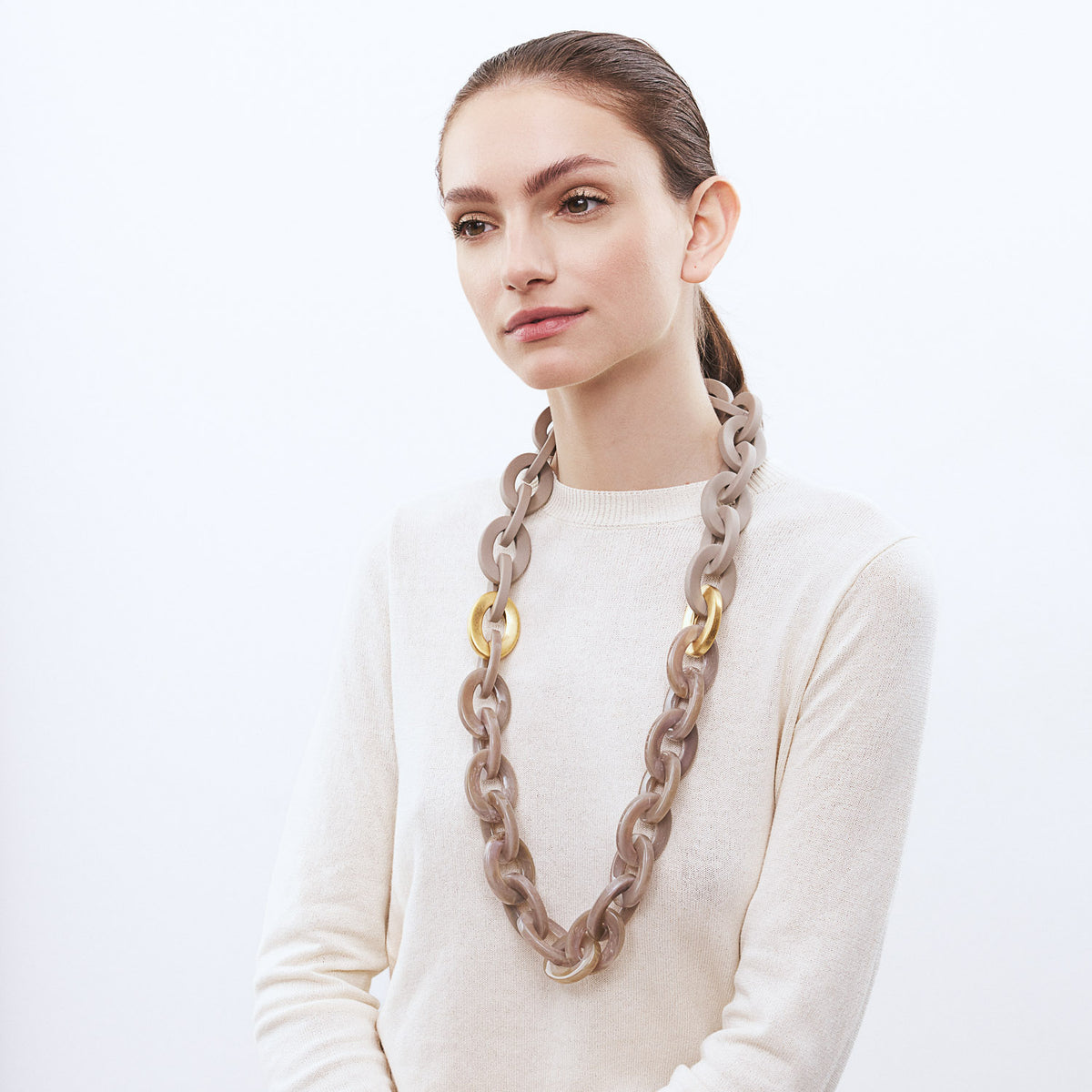 Oval Necklace Long with Gold - Greige Marble - Matt Light Taupe