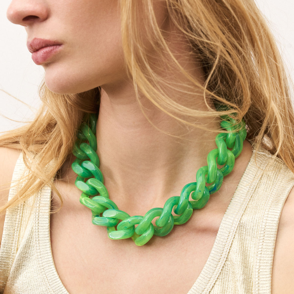 Flat Chain Necklace Neon Green Marble