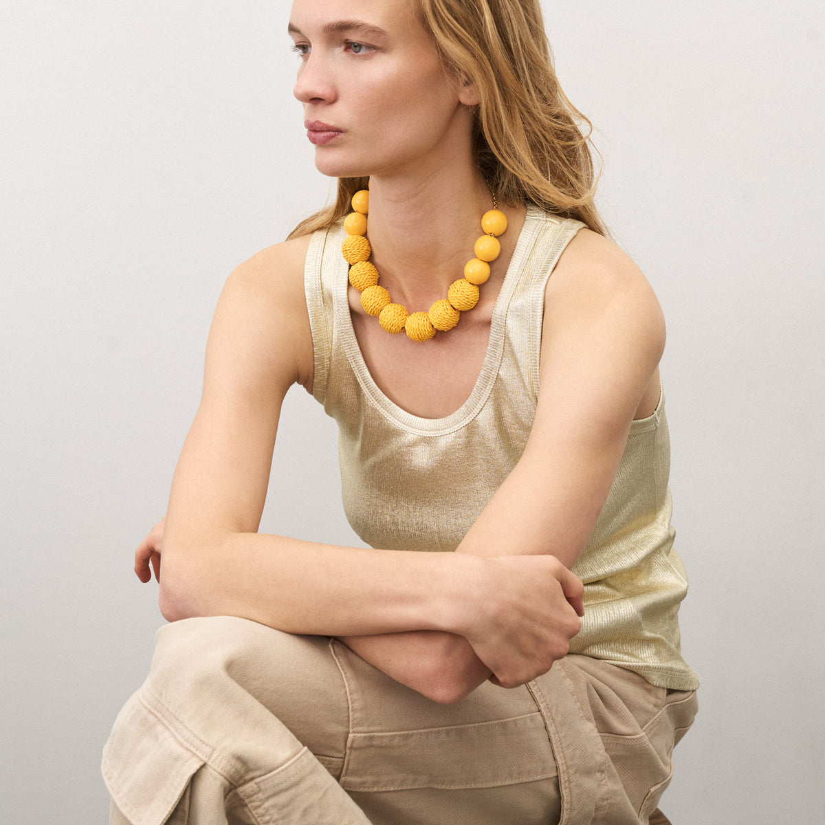 Raffia Beads Necklace Yellow