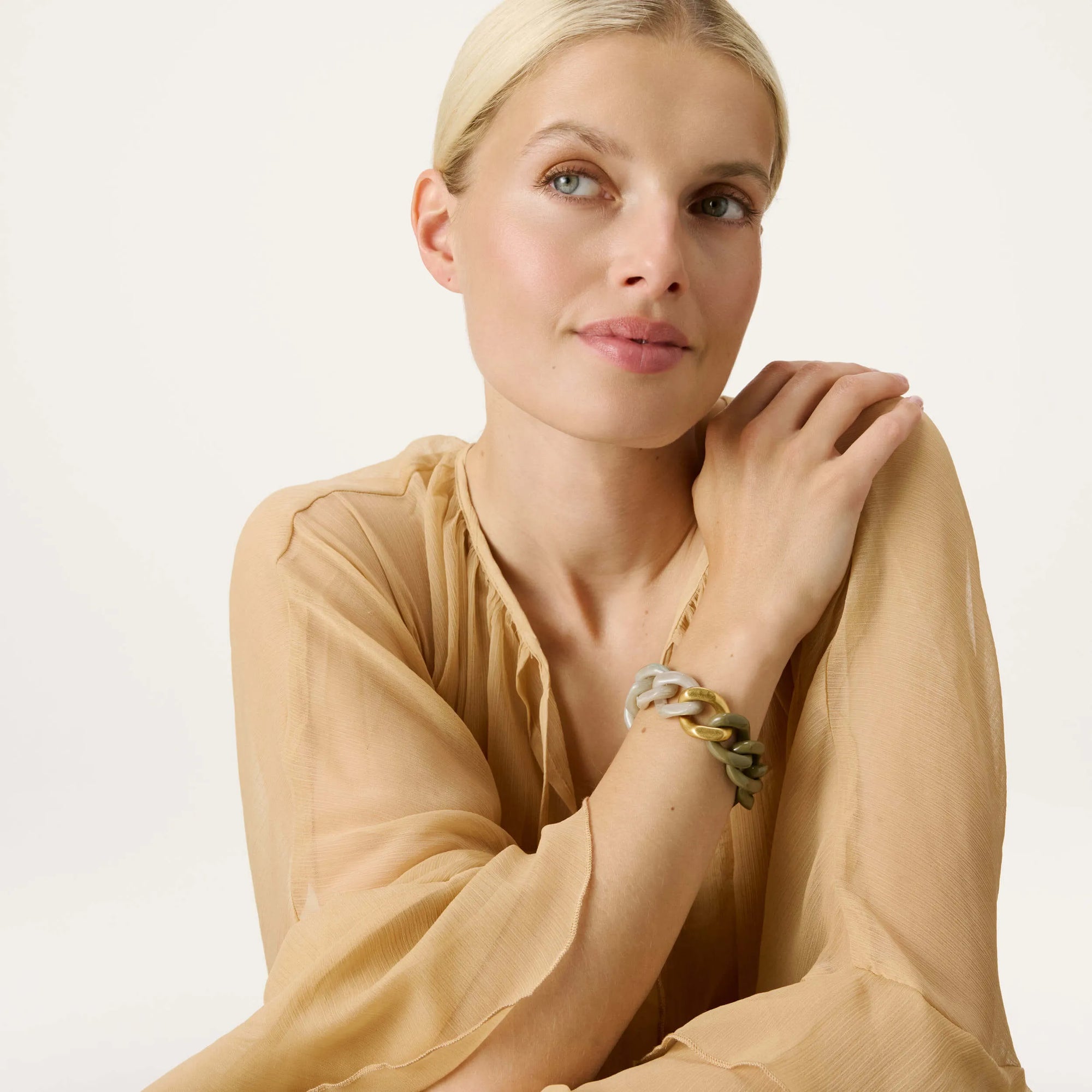 Flat Chain Bracelet Bi-Color with Gold light olive-snow green marble