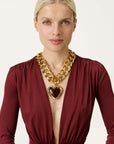 Big Hammered Necklace with Heart gold bordeaux marble